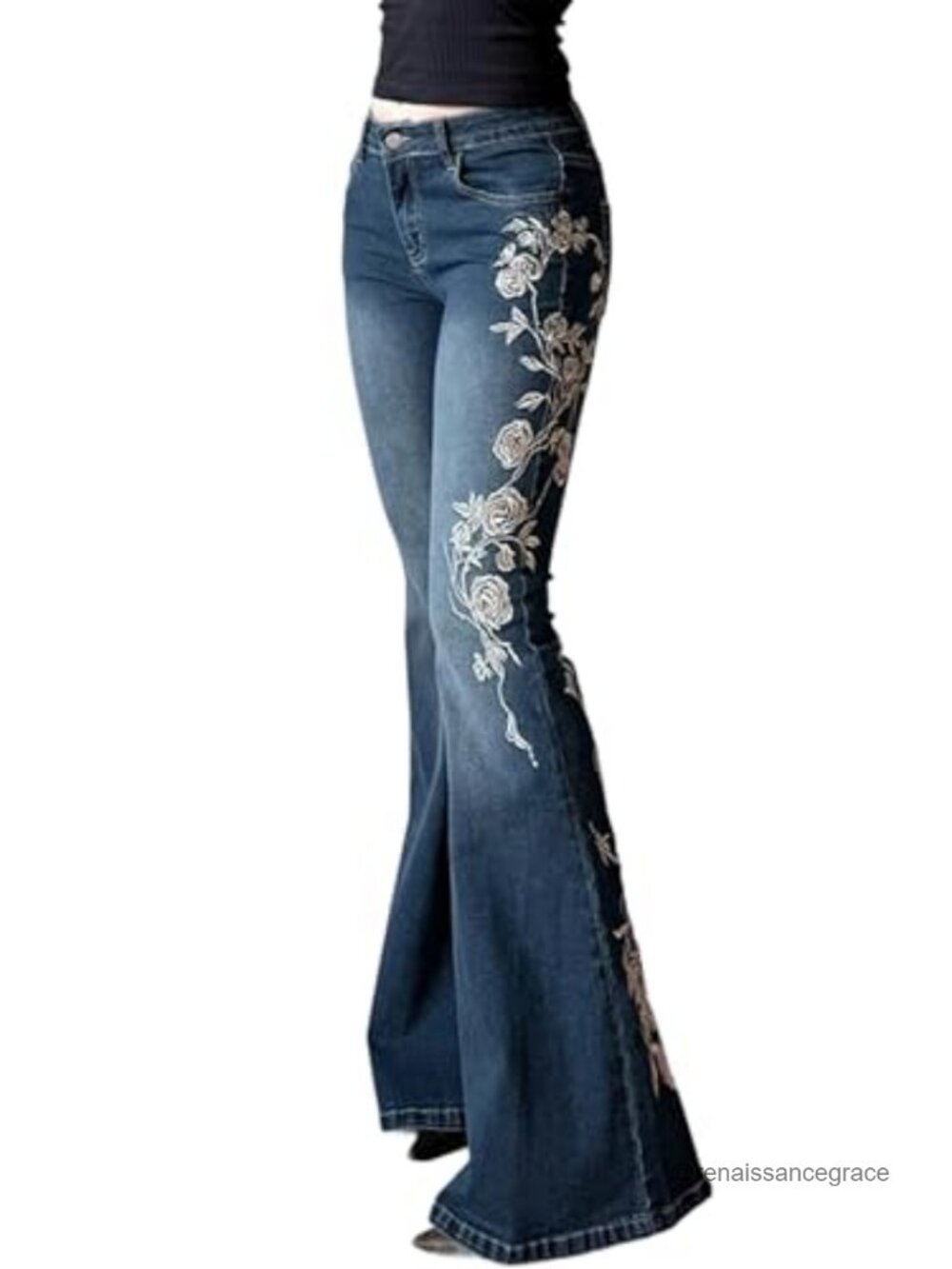 Women Stretchy Flare Jeans Mid Rise Embroidered Denim Pants Y2K